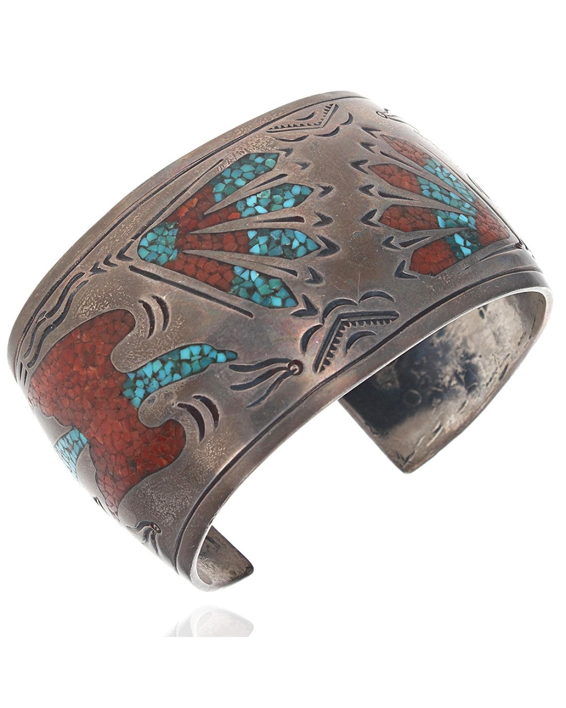 Native American Sterling Silver Cuff Bracelet outlet Scorpion Design Turquoise And Coral Inlay By Ray B.