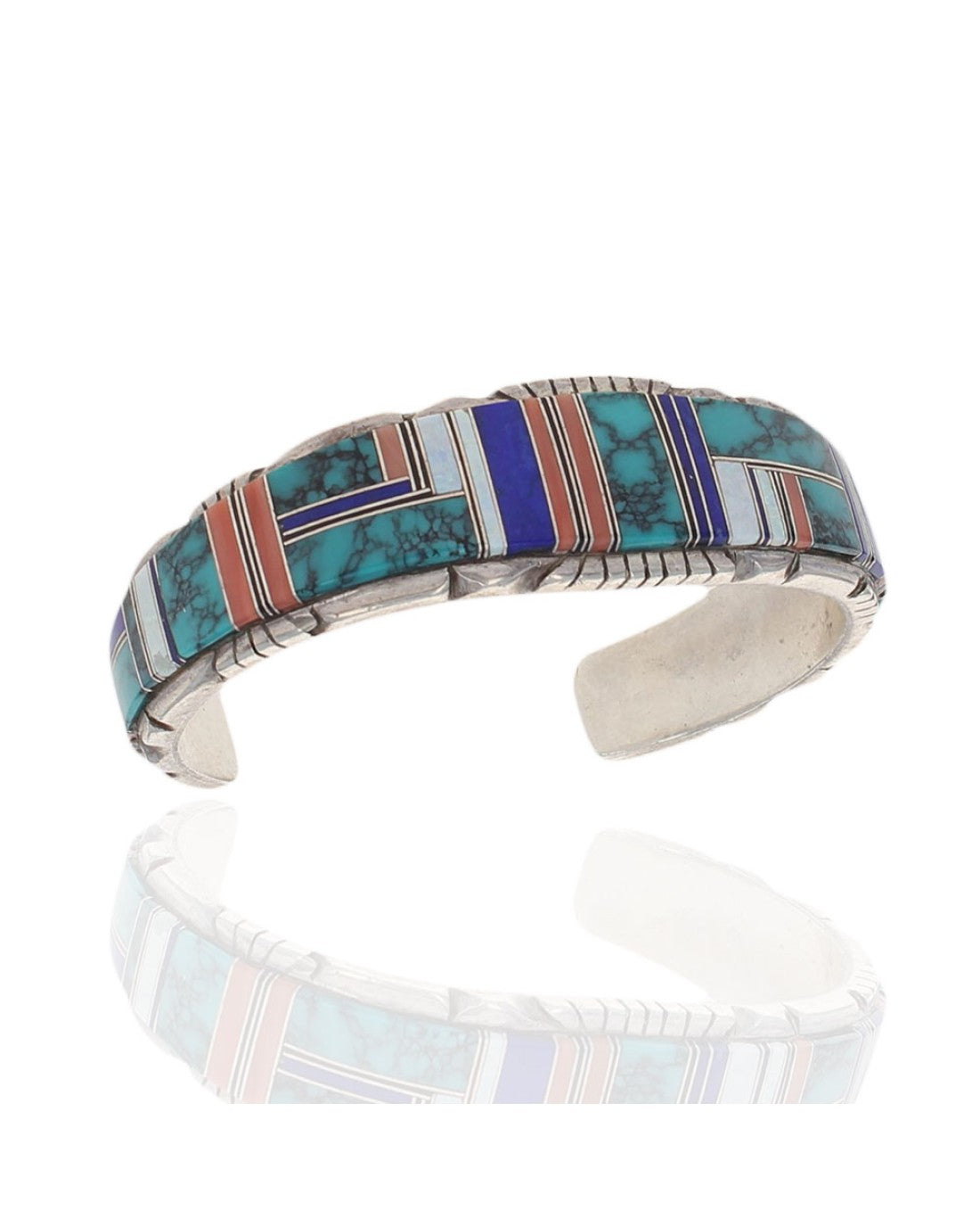 ブレスレット Numbering Navajo Symbol Cuff Bracelet #5950 5BSA090 Navajo Signed B Sterling Silver Multi-Stone Inlay Cuff