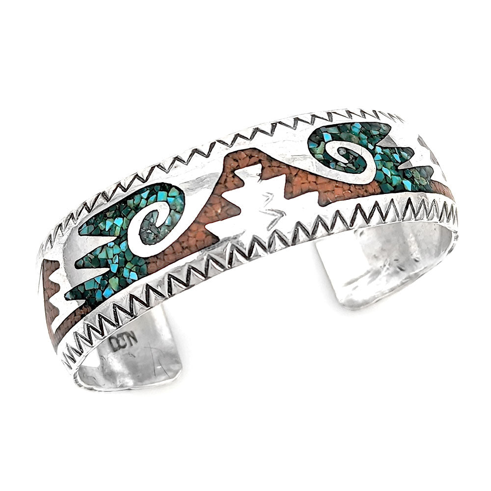 Navajo Delvin Nelson Sterling Silver Turquoise & Coral Chip Inlay