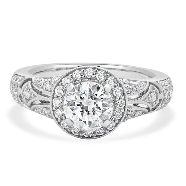 14 Karat White Gold Milgrain Round Diamond Engagement Ring