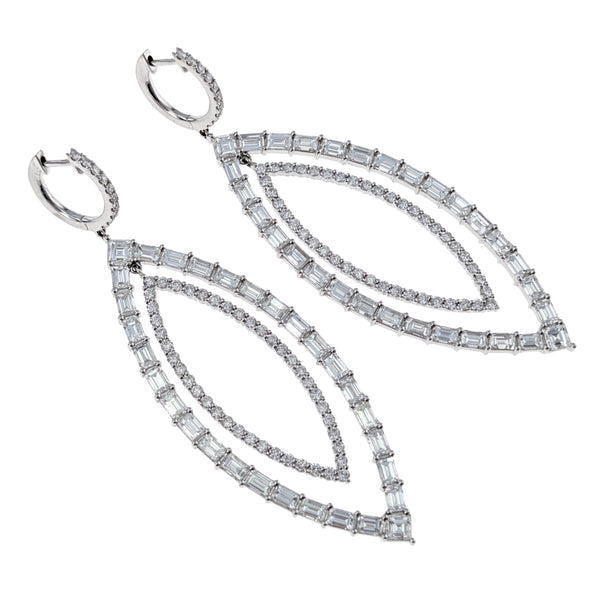 18K White Gold Round & Baguette Cut Diamond Marquise Shape Cut Out Drop Earrings