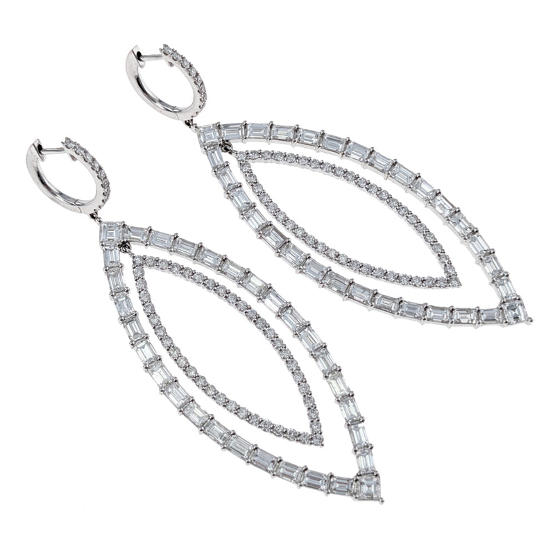 18K White Gold Round & Baguette Cut Diamond Marquise Shape Cut Out Drop Earrings