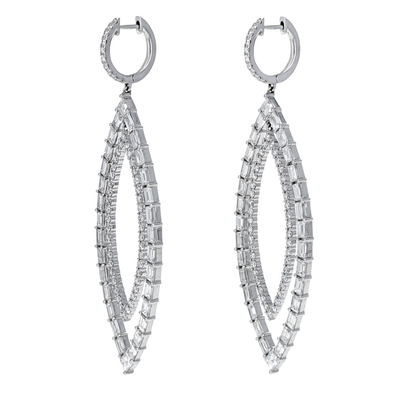 18K White Gold Round & Baguette Cut Diamond Marquise Shape Cut Out Drop Earrings