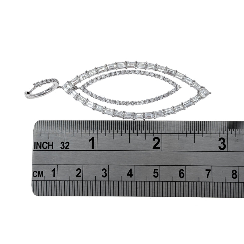 18K White Gold Round & Baguette Cut Diamond Marquise Shape Cut Out Drop Earrings