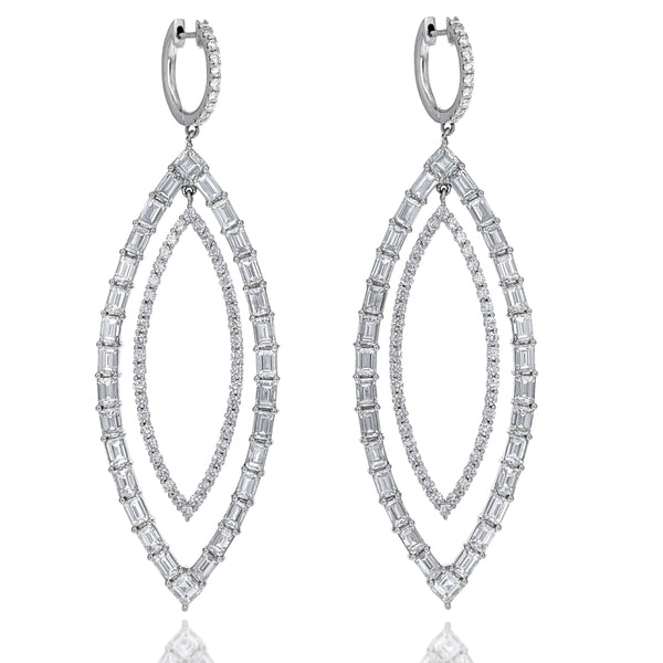 18K White Gold Round & Baguette Cut Diamond Marquise Shape Cut Out Drop Earrings