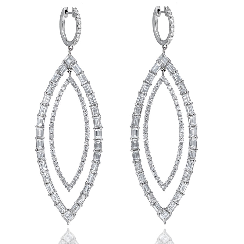 18K White Gold Round & Baguette Cut Diamond Marquise Shape Cut Out Drop Earrings