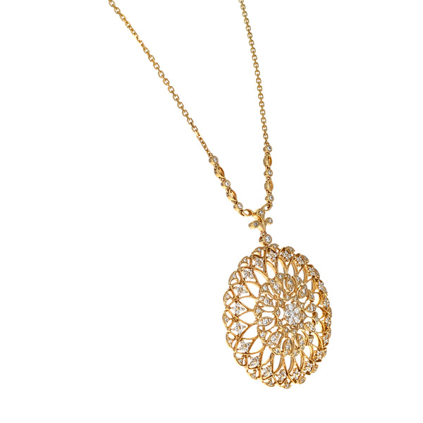 18K Yellow Gold Diamond Flower Disc Necklace