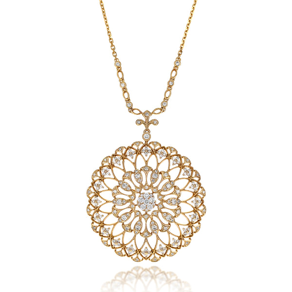 18K Yellow Gold Diamond Flower Disc Necklace