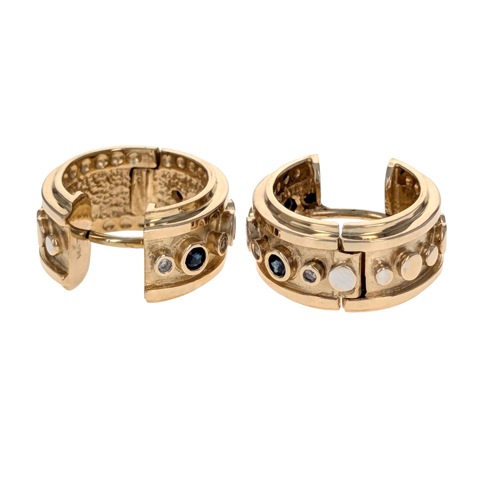 Bezel Set Diamond and Sapphire Huggie Earrings in Yellow Gold