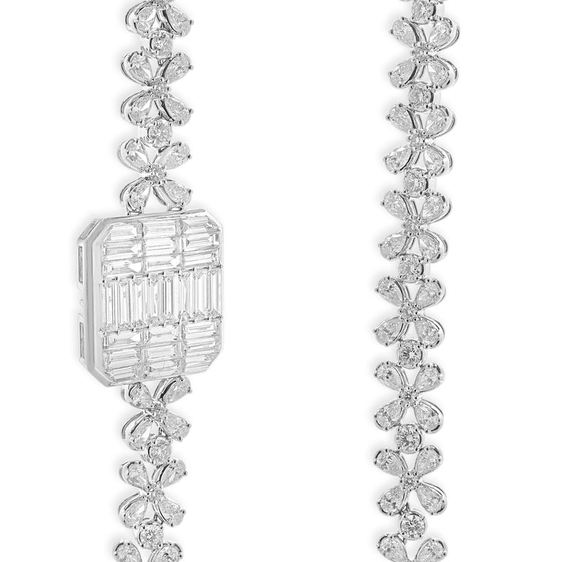 18 Karat White Gold Multi Shape Diamond Floral Necklace with Mosaic Centerpiece
