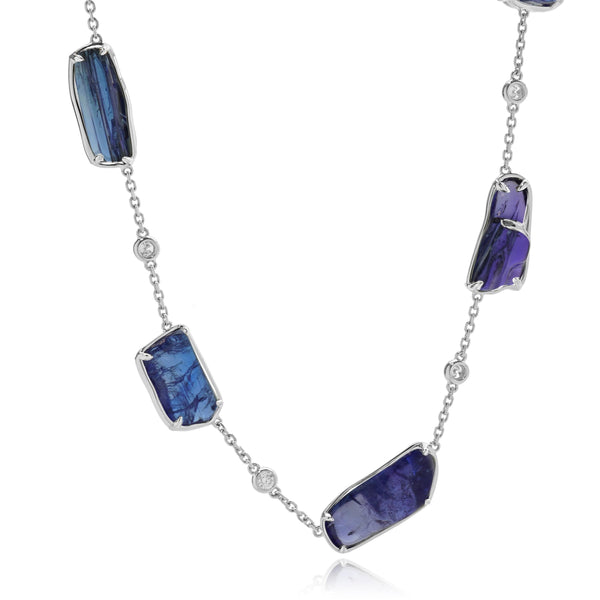 18 Karat White Gold Tumbled Tanzanite and Diamond Station Necklace