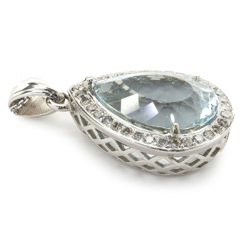 14 Karat White Gold Aquamarine and Diamond Pear Necklace