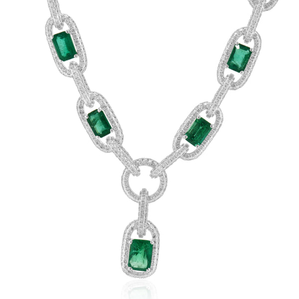 14 Karat White Gold Emerald and Diamond Oval Link Necklace