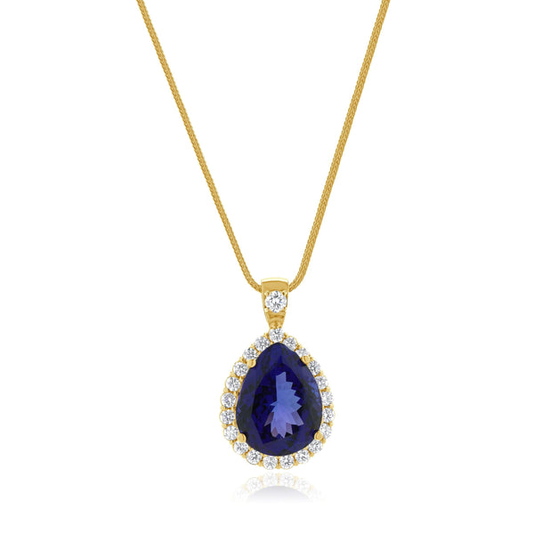 14 Karat Yellow Gold Pear Cut Tanzanite and Diamond Halo Necklace