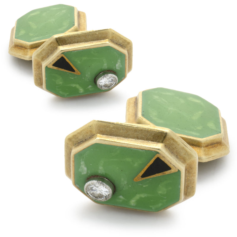 William Huger & Co. 14 Karat Yellow Gold Vintage Diamond and Enamel Cufflinks