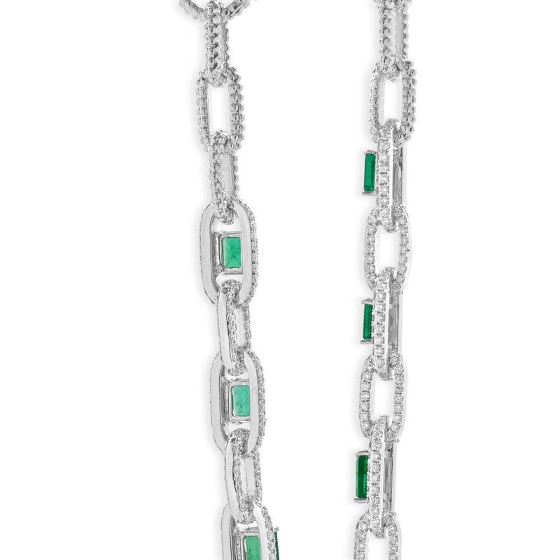 14 Karat White Gold Emerald and Diamond Oval Link Necklace