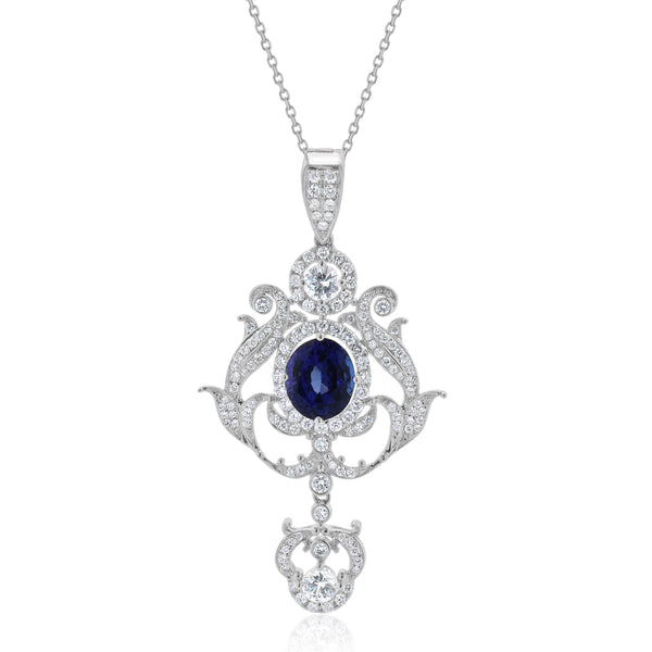 18k White Gold Diamond, White Sapphire, and Tanzanite Art Deco Style Drop Necklace