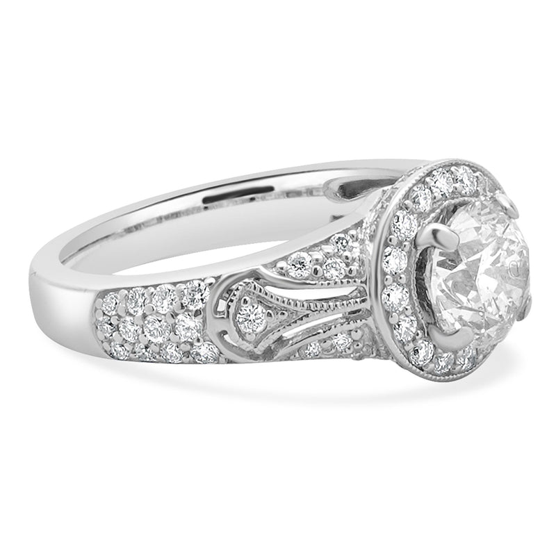 14 Karat White Gold Milgrain Round Diamond Engagement Ring