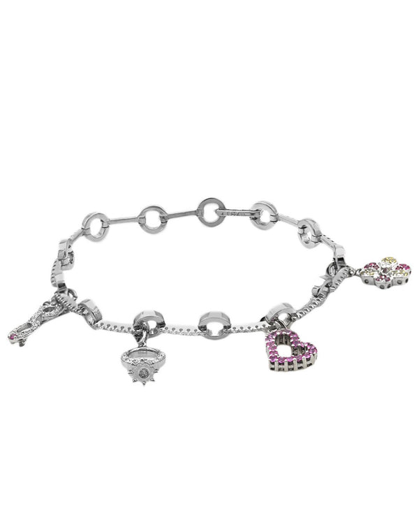 Alternating Diamond Bar Circle Link Bracelet with Charms