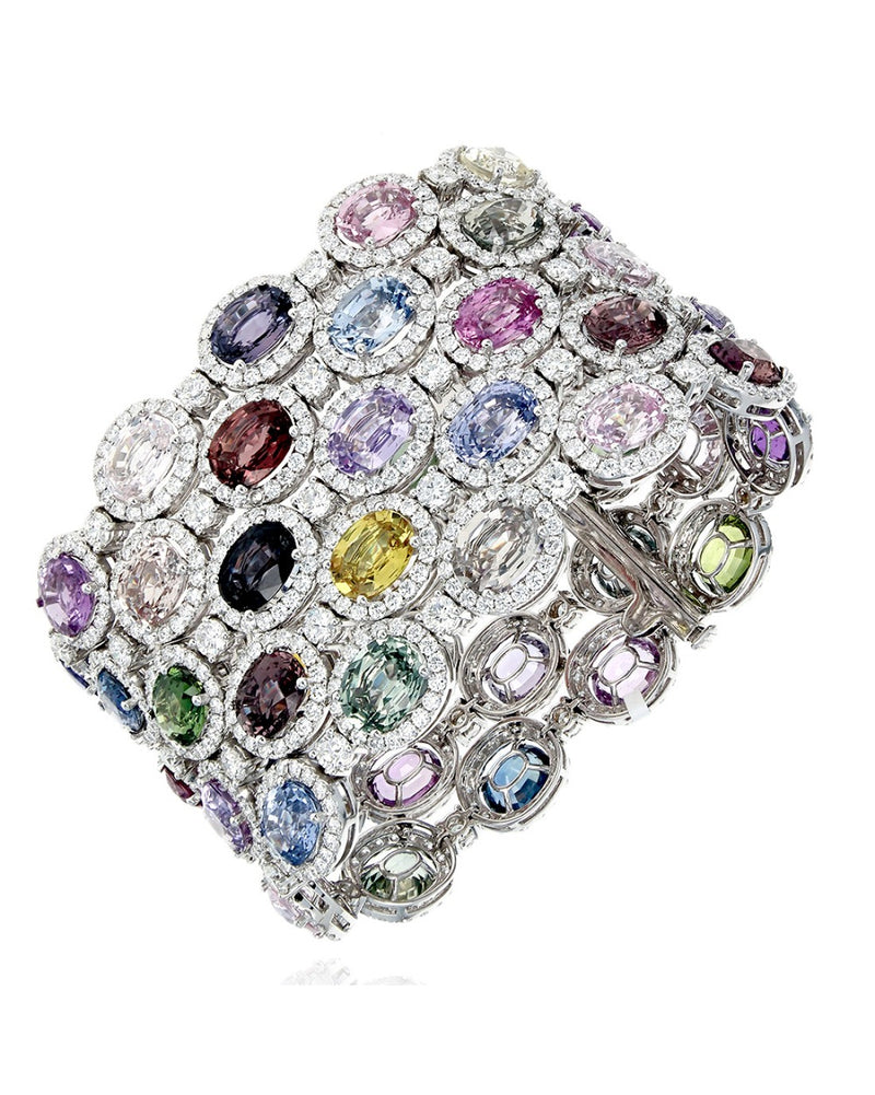 5 Row Multi Color Sapphire and Diamond Halo Bracelet