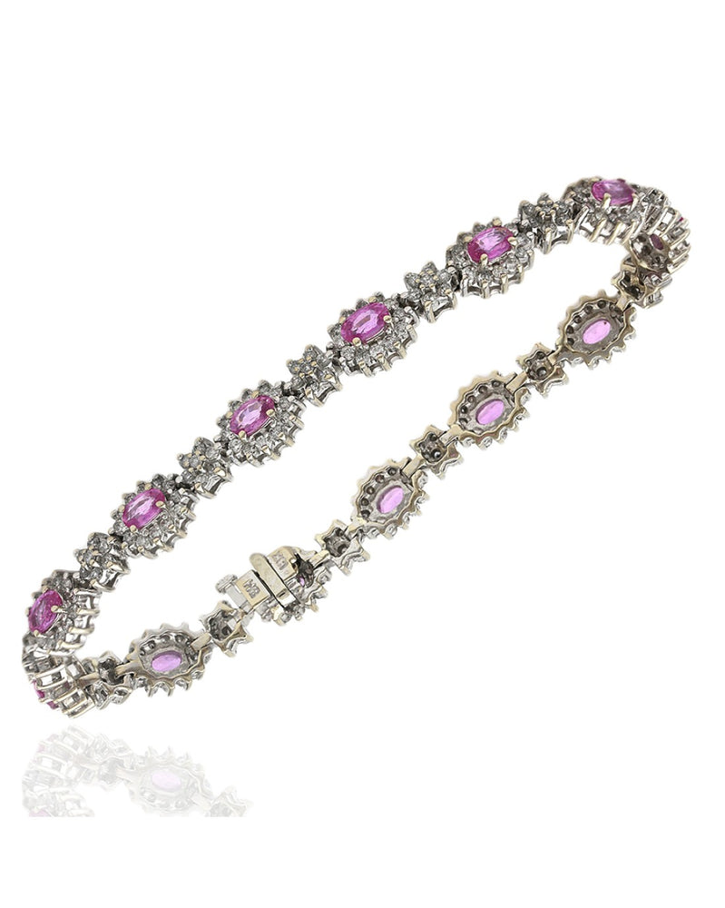 Alternating Pink Sapphire and Diamond Halo Flower Link Inline Bracelet in White Gold