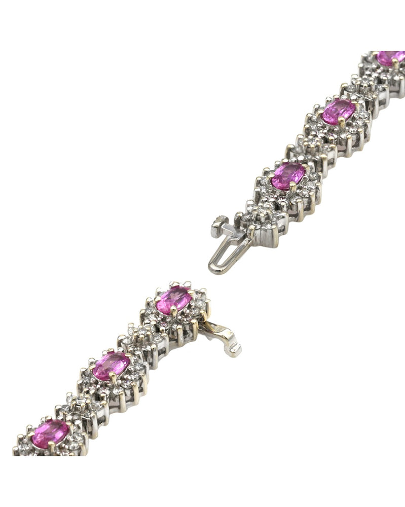 Alternating Pink Sapphire and Diamond Halo Flower Link Inline Bracelet in White Gold