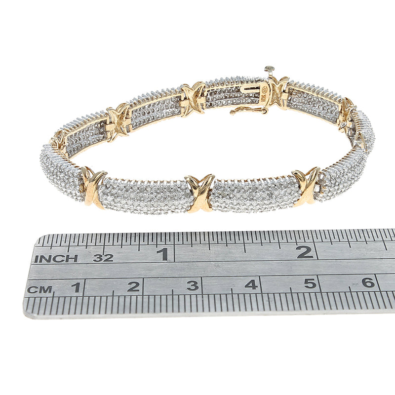 Alternating Pave Diamond X Link Inline Bracelet in White and Yellow Gold