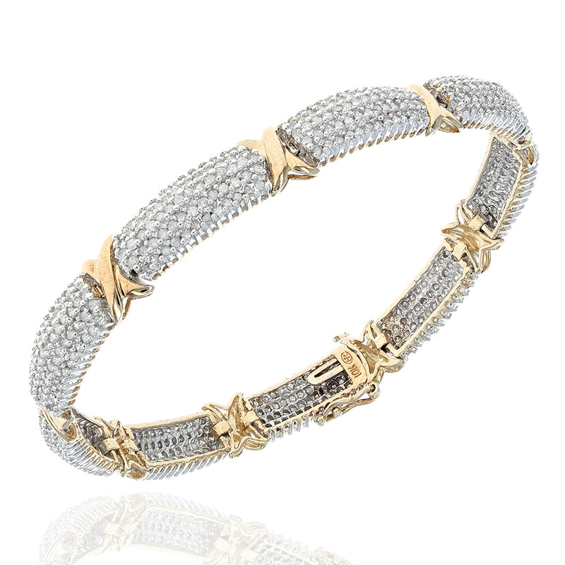 Alternating Pave Diamond X Link Inline Bracelet in White and Yellow Gold