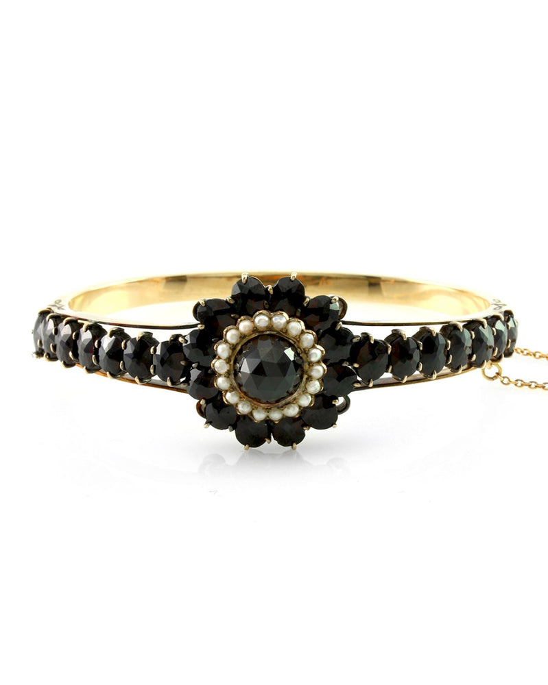 Vintage Garnet & Seed Pearl Bangle Bracelet in 14K Yellow Gold