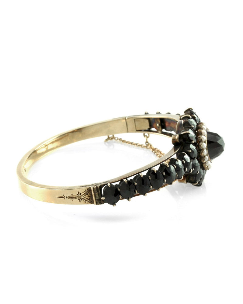 Vintage Garnet & Seed Pearl Bangle Bracelet in 14K Yellow Gold