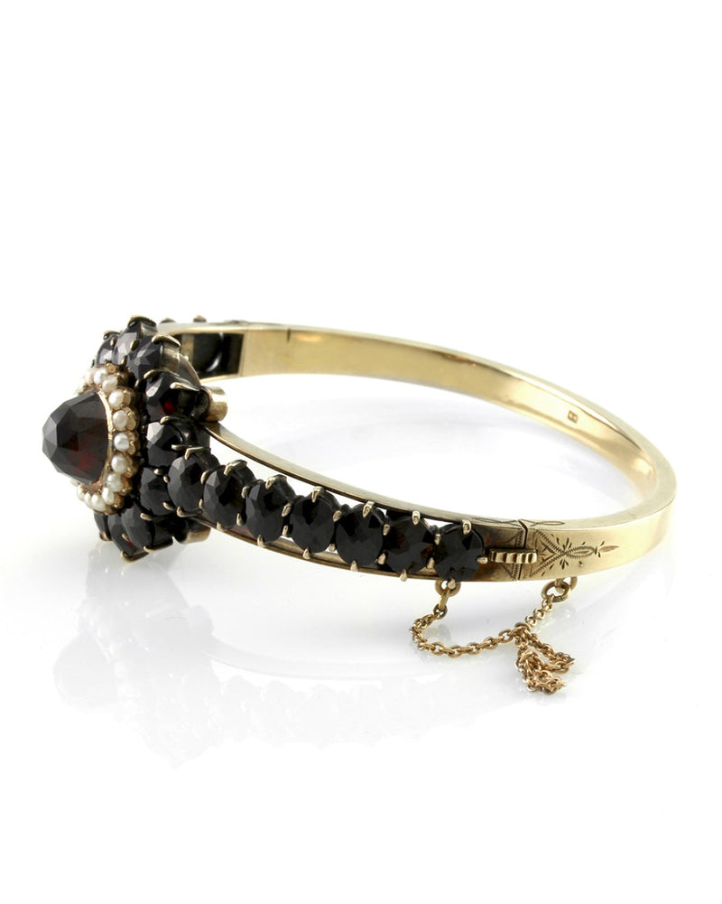 Vintage Garnet & Seed Pearl Bangle Bracelet in 14K Yellow Gold