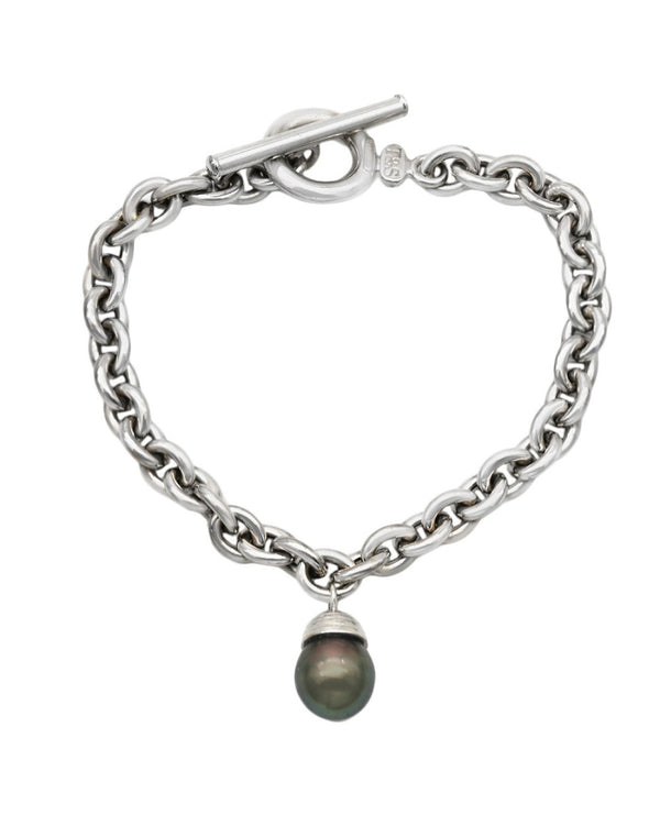 Oval Link Chain Toggle Clasp Bracelet with Tahitian Baroque Pearl