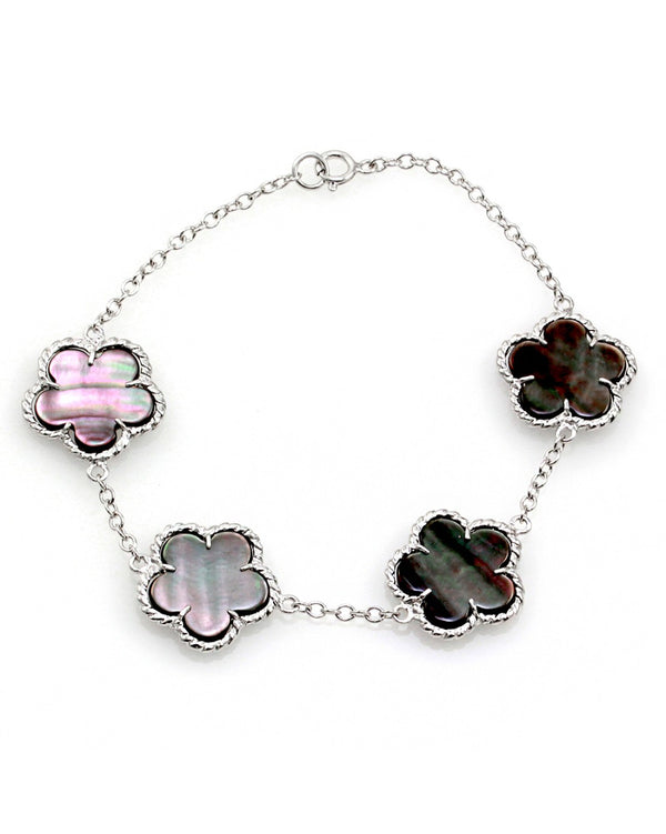 Clover Shaped Black Mother of Pearl Station Bracelet in 14K White Gold