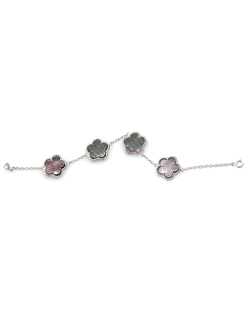 Clover Shaped Black Mother of Pearl Station Bracelet in 14K White Gold