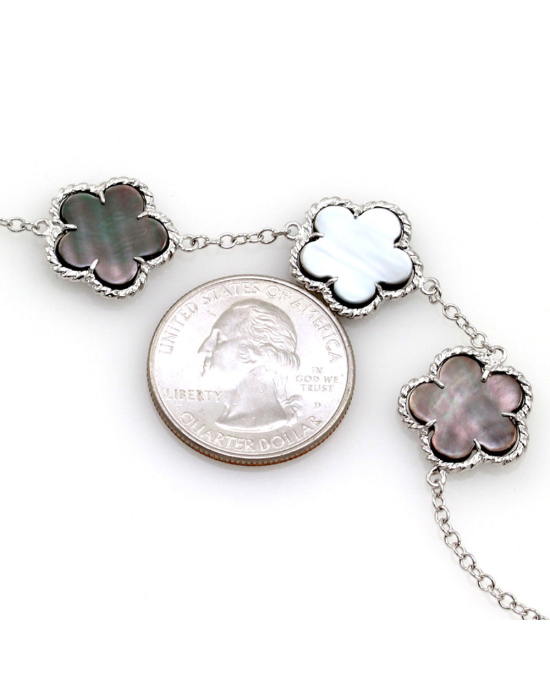 Clover Shaped Black Mother of Pearl Station Bracelet in 14K White Gold