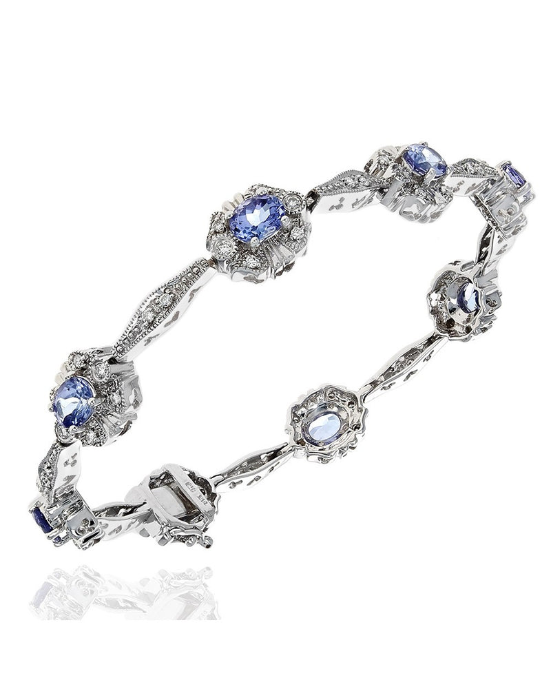 Oval Tanzanite and Round Diamond Flower Motif Bracelet