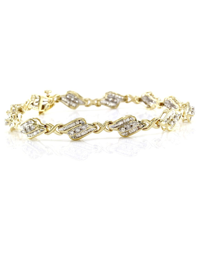 Round Brilliant & Baguette Cut Diamond Fancy Link Bracelet in 14K Yellow Gold