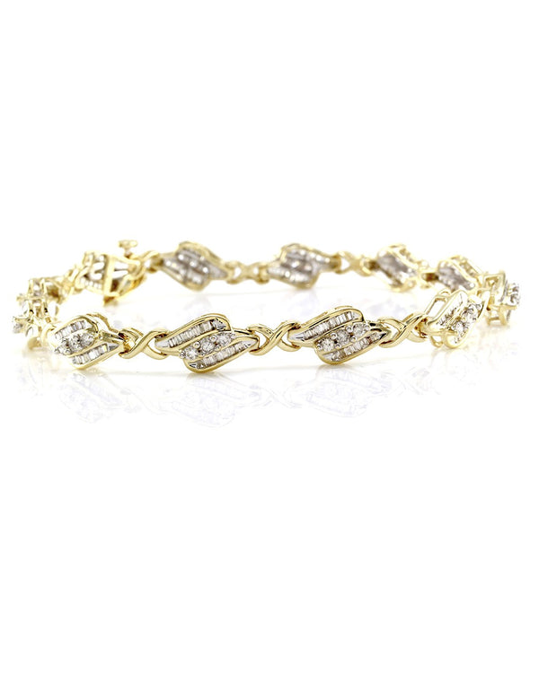 Round Brilliant & Baguette Cut Diamond Fancy Link Bracelet in 14K Yellow Gold