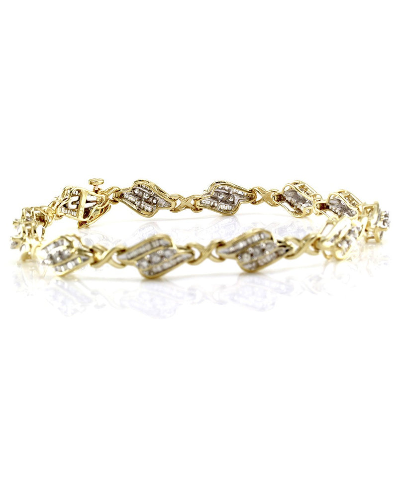 Round Brilliant & Baguette Cut Diamond Fancy Link Bracelet in 14K Yellow Gold