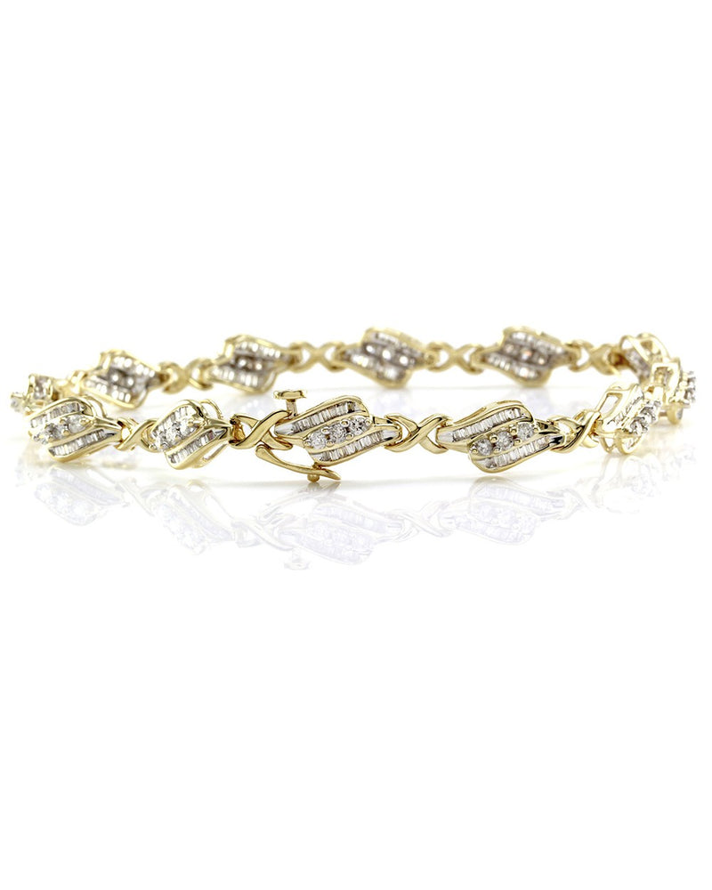 Round Brilliant & Baguette Cut Diamond Fancy Link Bracelet in 14K Yellow Gold