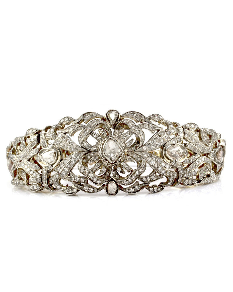 Edwardian Rose & Single Cut Diamond Bracelet in 14K Yellow Gold & Silver