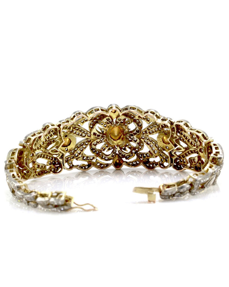 Edwardian Rose & Single Cut Diamond Bracelet in 14K Yellow Gold & Silver