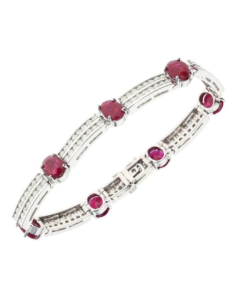 Oval Ruby and Two Row Round Diamond Bracelet