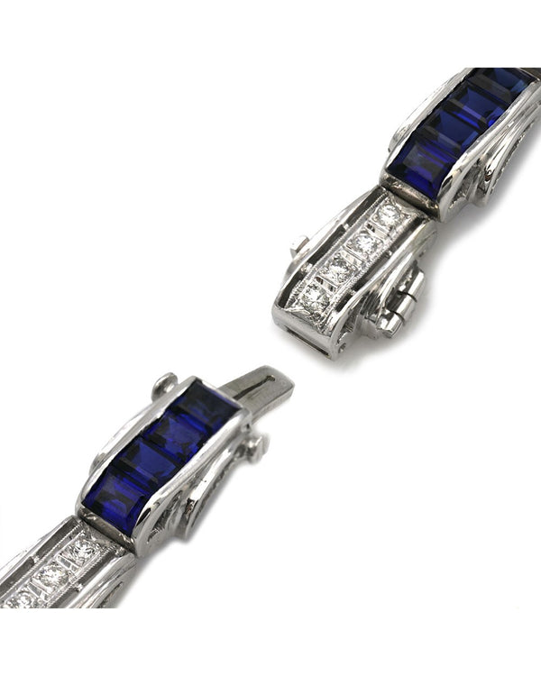 Synthetic Blue Sapphire and Diamond Curved Link Bracelet