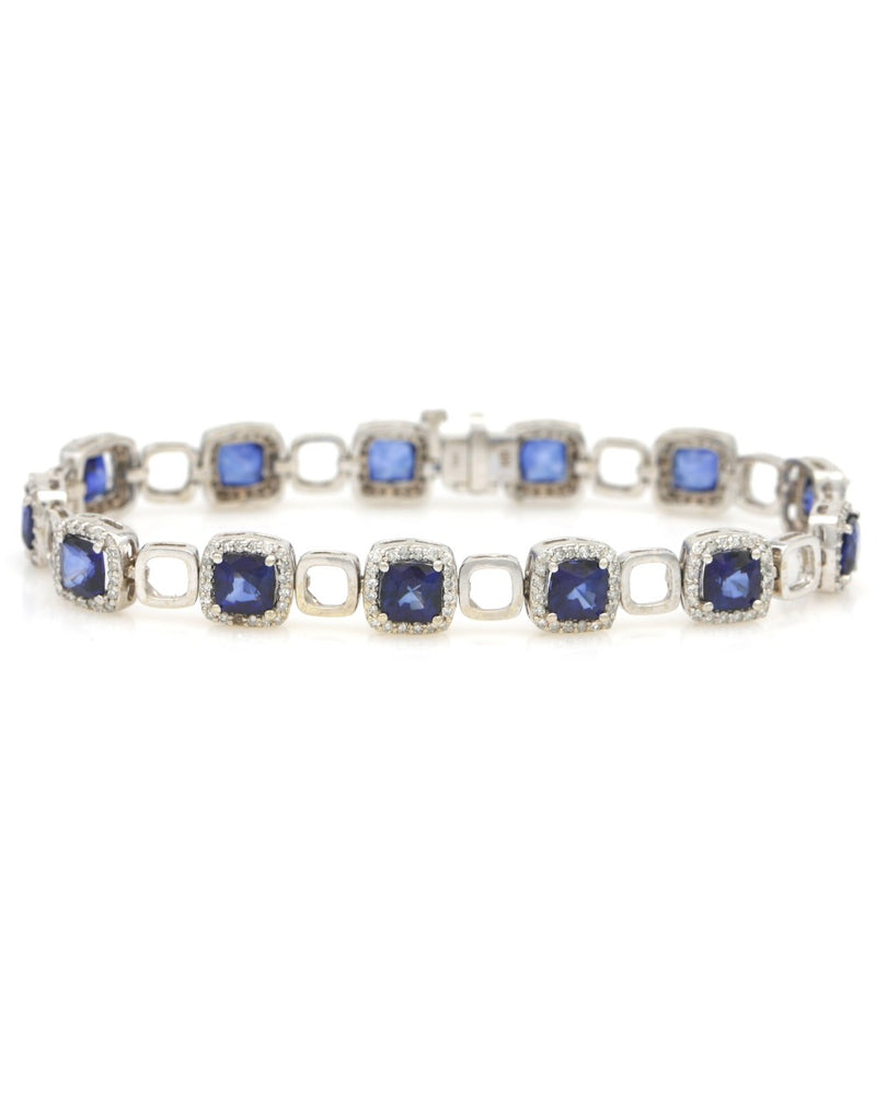 Synthetic Sapphire and Diamond Halo Open Link Inline Bracelet