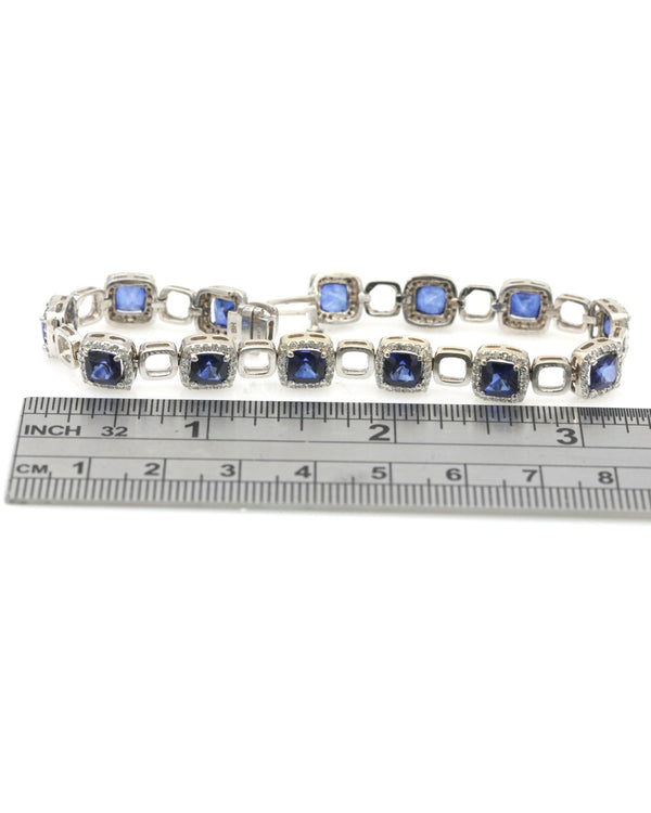 Synthetic Sapphire and Diamond Halo Open Link Inline Bracelet