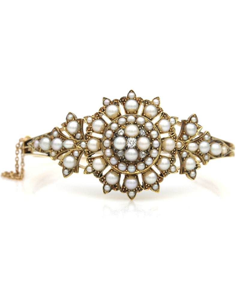 Victorian Pearl and Diamond Cluster Bangle Bracelet