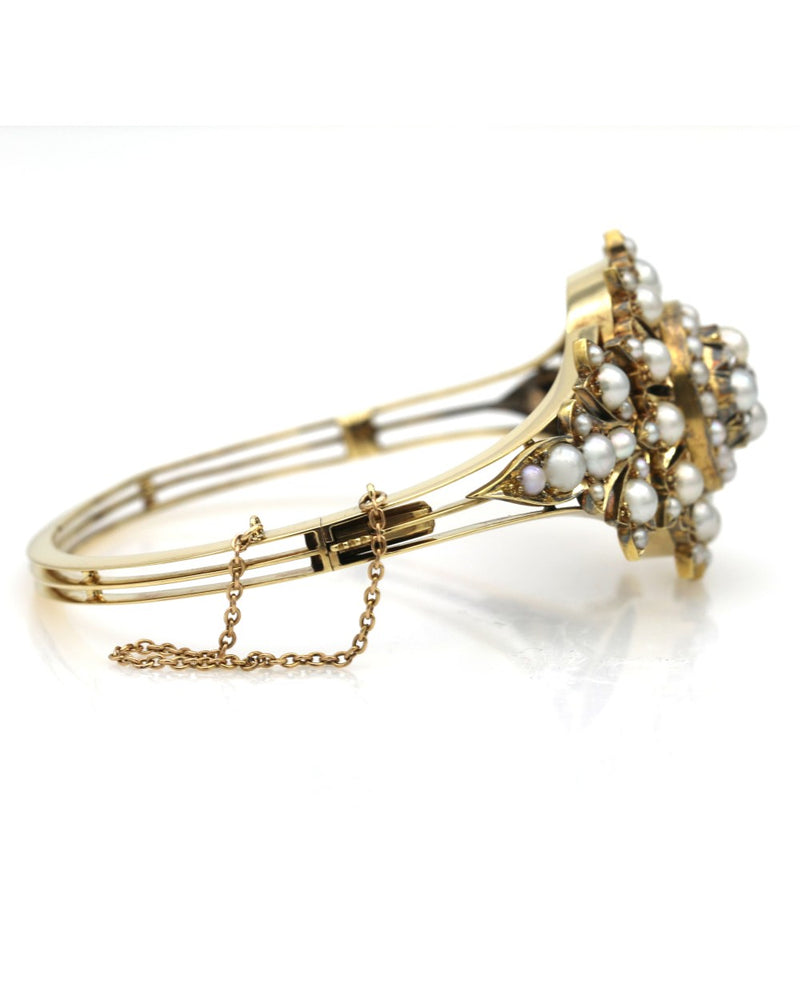 Victorian Pearl and Diamond Cluster Bangle Bracelet