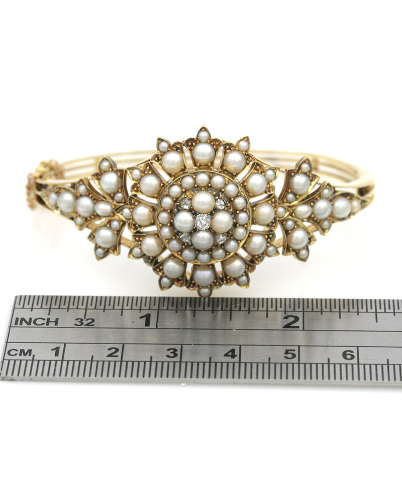 Victorian Pearl and Diamond Cluster Bangle Bracelet