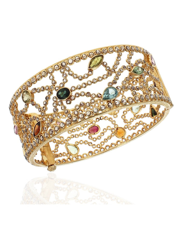 Multi Color Tourmaline and Diamond Wide Bangle